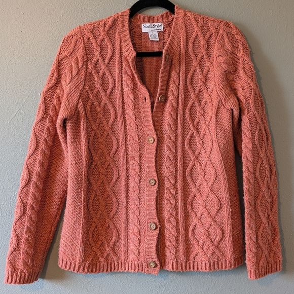 Vintage Silk Blend Cable Knit Fisherman Cardigan Size S - Picture 1 of 5